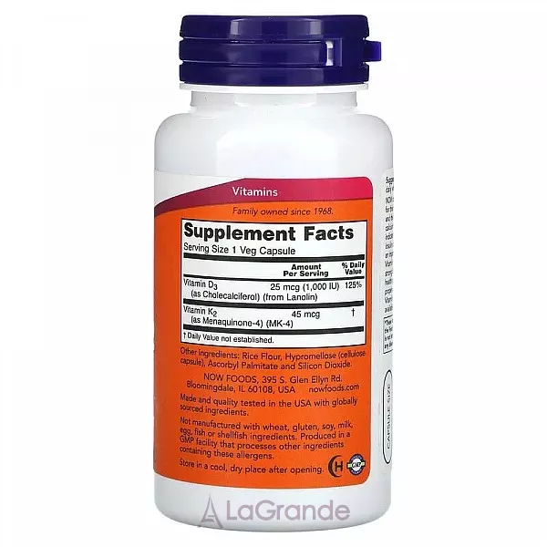 Now Foods Vitamin D3 & K2 1000 IU/45 mcg ������� �3 � �2, 1000 ��/45 ���