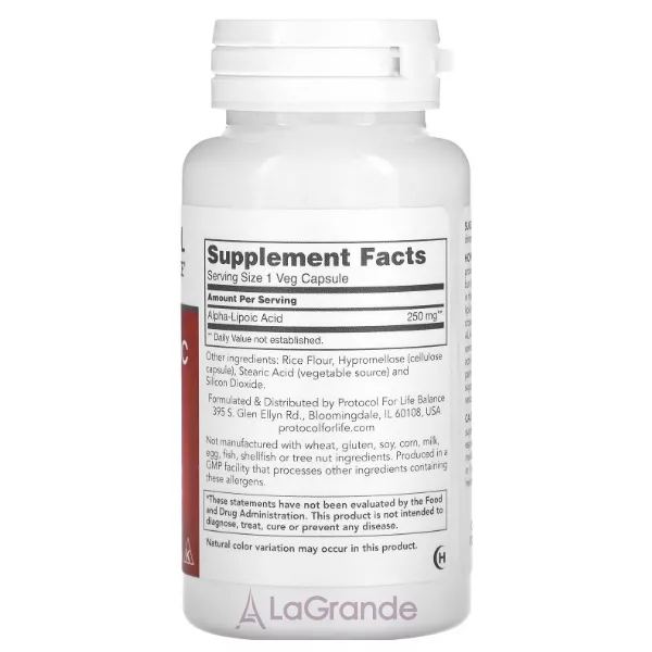 Protocol for Life Balance Alpha Lipoic Acid 250mg ������� ������� �����-�������� �������  250 �� � �������������� ��������