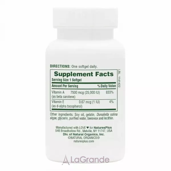 NaturesPlus Natural Beta Carotene 25000 IU (7500 mcg) ĳ������ ������� 