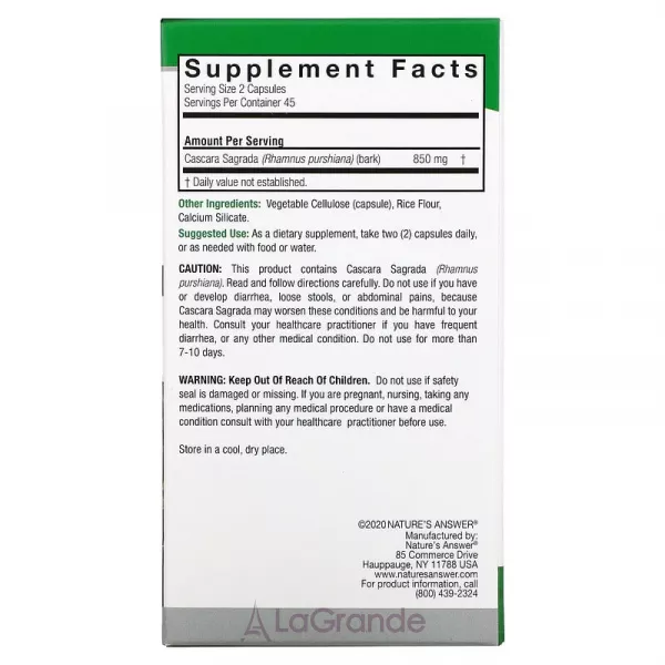 Nature's Answer Cascara Sagrada 850 mg ����������� ������� 
