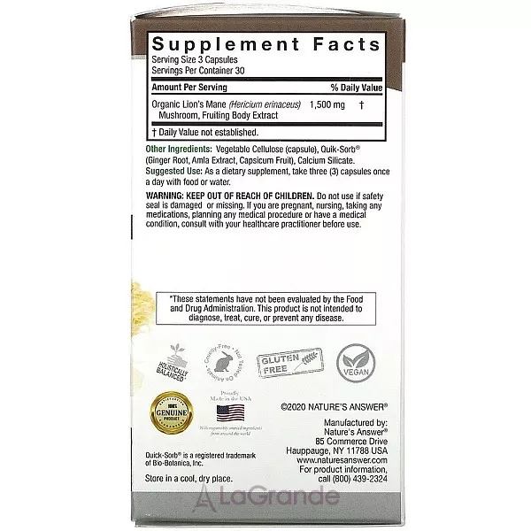 Nature's Answer Lion's Mane 1500 mg ĳ������ ������� 