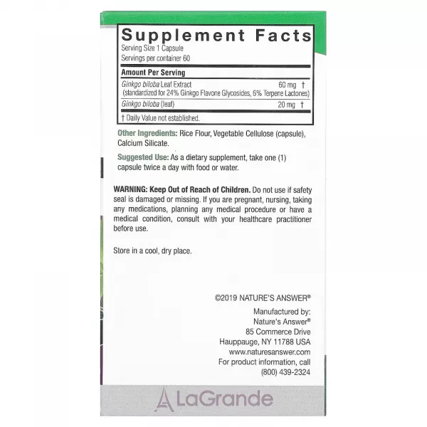 Nature's Answer Standardized Ginkgo 80 mg ����������� ������� 
