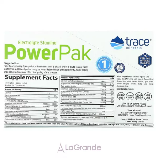 Trace Minerals Research Electrolyte Stamina Power Pak Lemon Lime ĳ������ ������� 