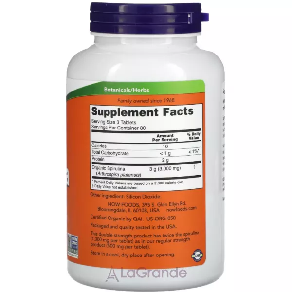 Now Foods Certified Organic Spirulina 1000 mg ��������� ������������ 1000 ��  ��� ��������� ����������, ��������� � ������ �������� ���������