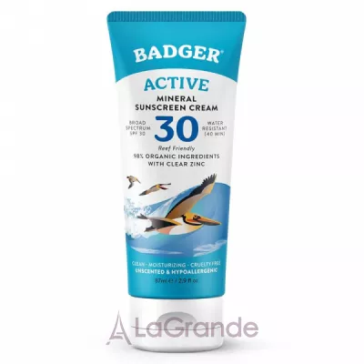 Badger Company Active Mineral Sunscreen Cream SPF30     SPF30
