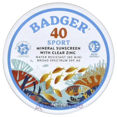 Badger Company Sport Mineral Sunscreen With Zinc SPF40      SPF40