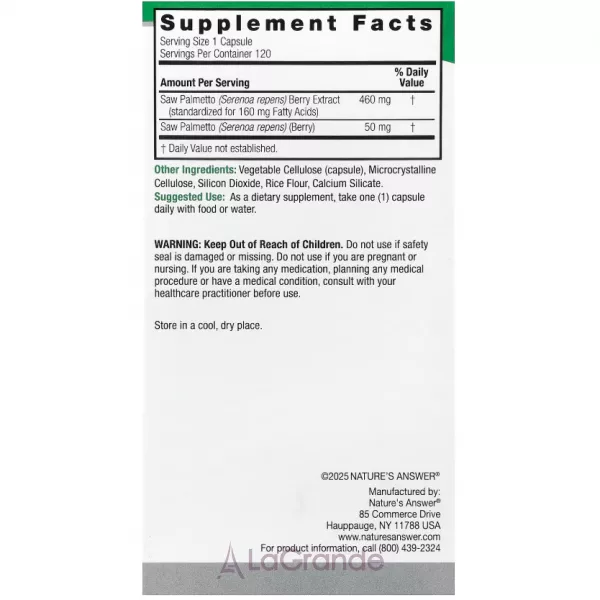 Nature's Answer Saw Palmetto Standardized 1600 mg ����������� ������� 